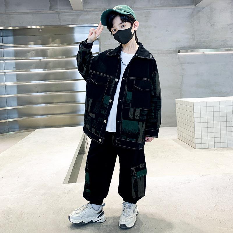 

Детская джинсовая куртка на весну и осень для детей среднего и большого размера, модный детский костюм со штанами 120 чёрный