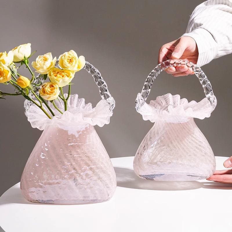 Luxus-Handtaschen-Vase Glas-Blumenkorb für Wohnzimmer Heimdekoration Blumengesteck
