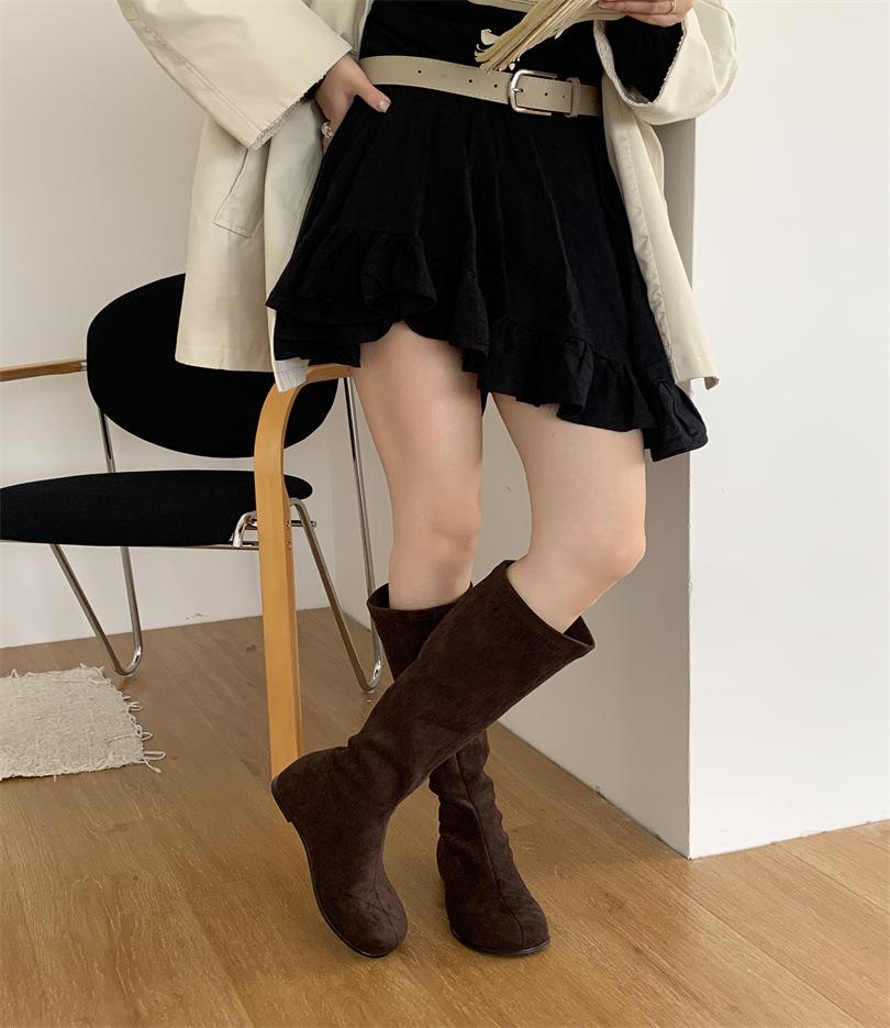 Suede Skinny Boots Fashion Boots Autumn and Winter 2025 New Round Head Long Cylinder Inner Height Increasing Stacking Boots European and American Cowb