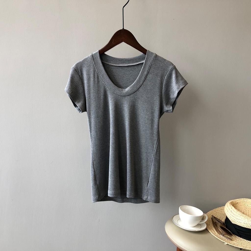 Solid Colour T-shirt Women 2024 Summer Simple U Neck Slim Stretch Body Shirt Tops