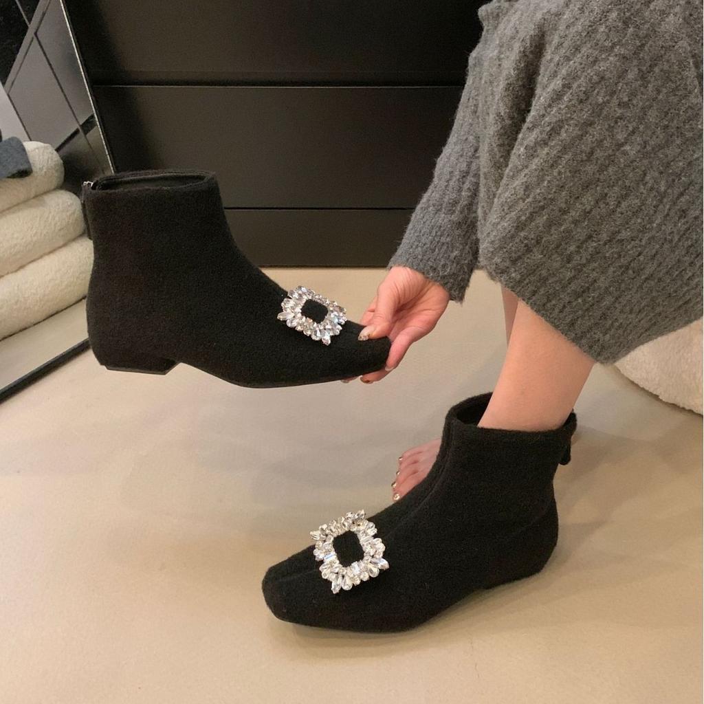 2025 Herbst neue kleine runde Zehe dicker Absatz mattierte Strassschnalle Haarreißverschluss niedriger Schaft Martin Mode Damen Kurzstiefel