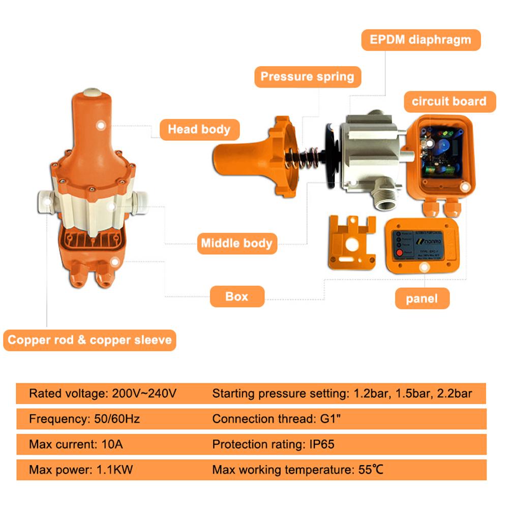 10A 220V 240V IP65 Waterproof Level Water Pump Automatic Switch Adjustable Water Pump Pressure Controller Household