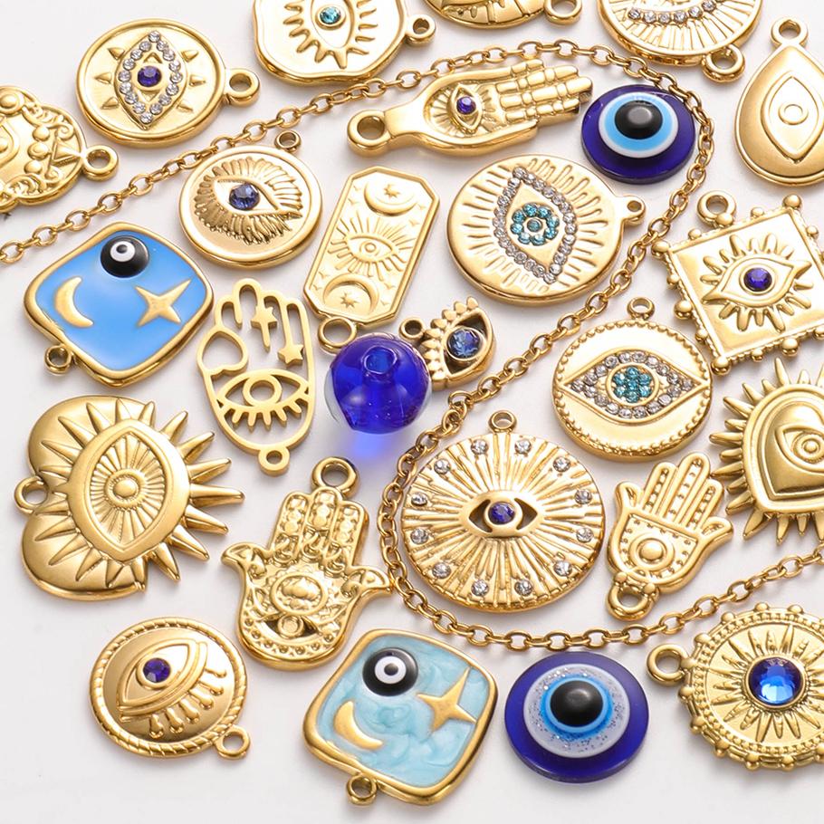 6pcs Real Gold Plated Blue/Dark Blue Rhinestone Evil Eye Pendant Stainless Steel Turkish Eye Charms For Jewelry Making Supplies