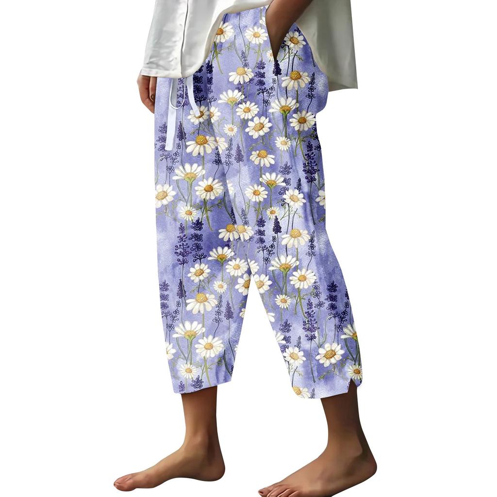 Women's Wide Leg Pants High Waist Casual Print Lace-up Elastic Waist Loose Casual Pants Cropped Pants