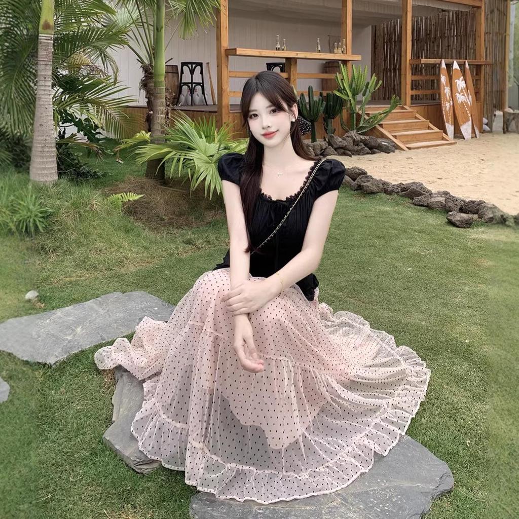 Women's Pink Polka Dot Mesh A-Line Skirt Set: High-Waisted, Slimming, Long Skirt for Early Summer.