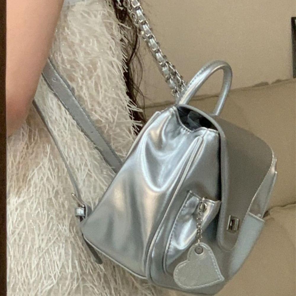 Korean Spice Girl Bag Women's 2023 New Silver Chain Simple Small Double Shoulder Small Square Bag Portable Shoulder Bag