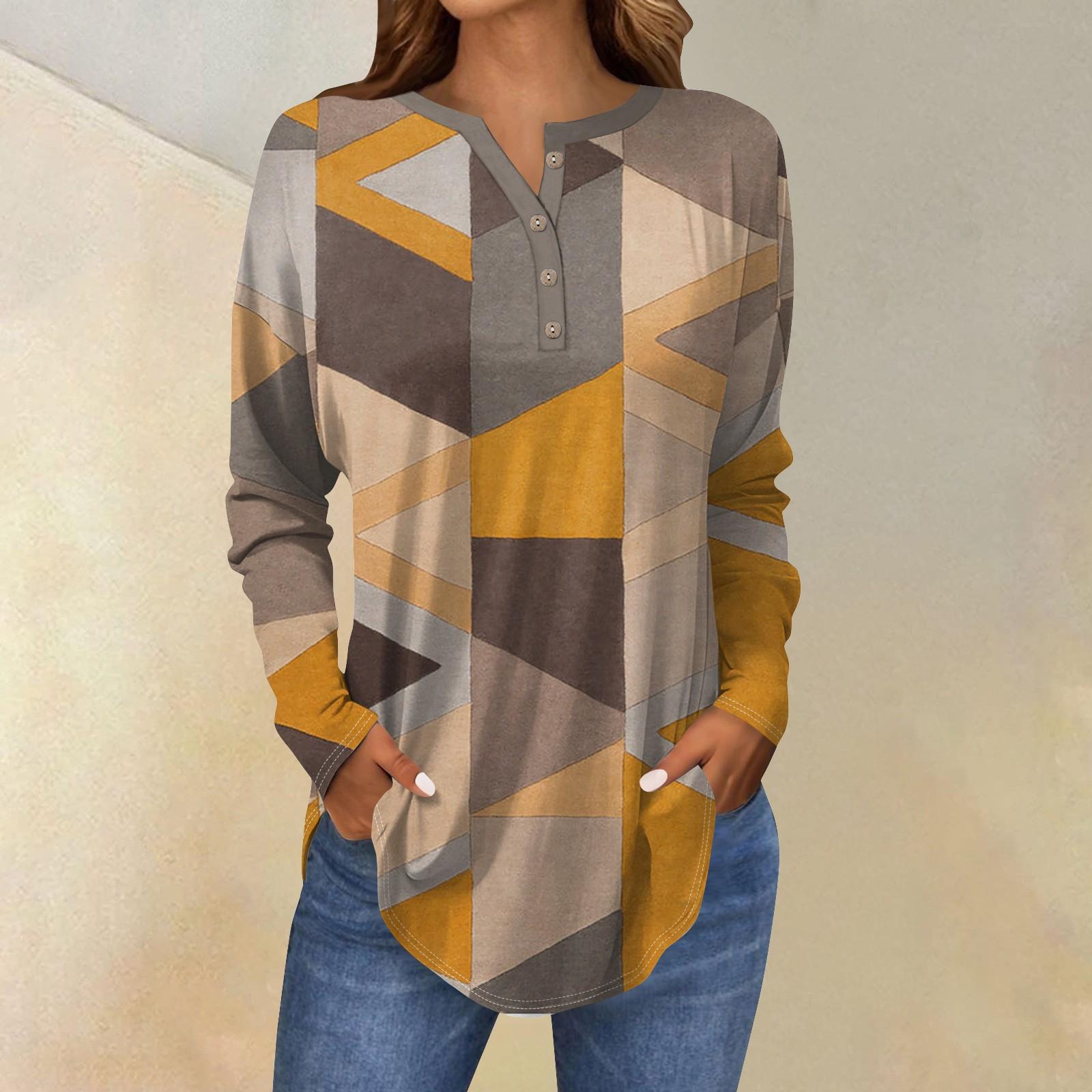 

Футболки для женщин, осенние повседневные рубашки с длинным рукавом на пуговицах, толстовки с винтажным графическим принтом, топ-пуловер XL жёлтый