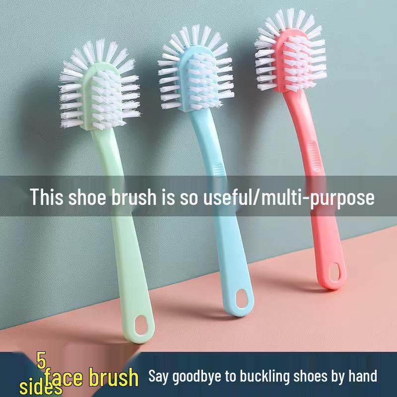 Five-Sided Soft Bristle Shoe Brush with Long Handle for Gentle, All-Around Cleaning