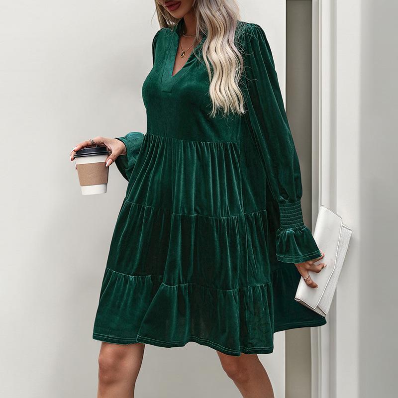 Amazon Europe and the United States cross-border foreign trade women's clothing autumn atmosphere elegant skirt V-neck ruffle edge velvet dress
