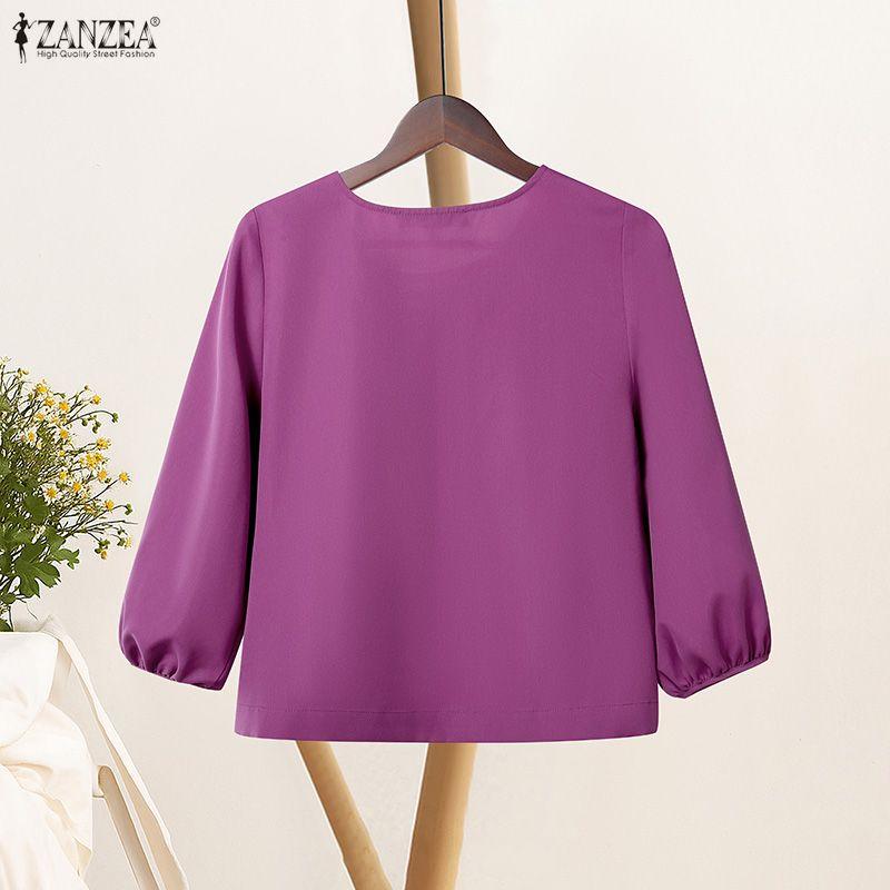 ZANZEA Women Casual Round Neck Loose 3/4 Sleeve Blouse