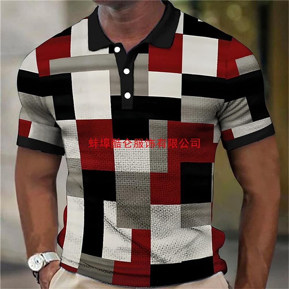Stilvolles Herren-Kurzarm-Polohemd, Geometrisches Gittermuster, Freizeitkleidung