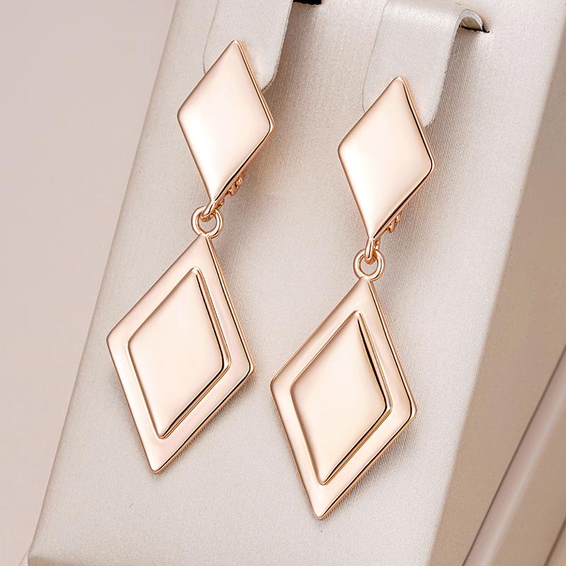 Fashion Glossy Two Rhombus Long Drop Earrings For Women  Rose Gold Simple Metal Bride Wedding Daily Party Jewelry