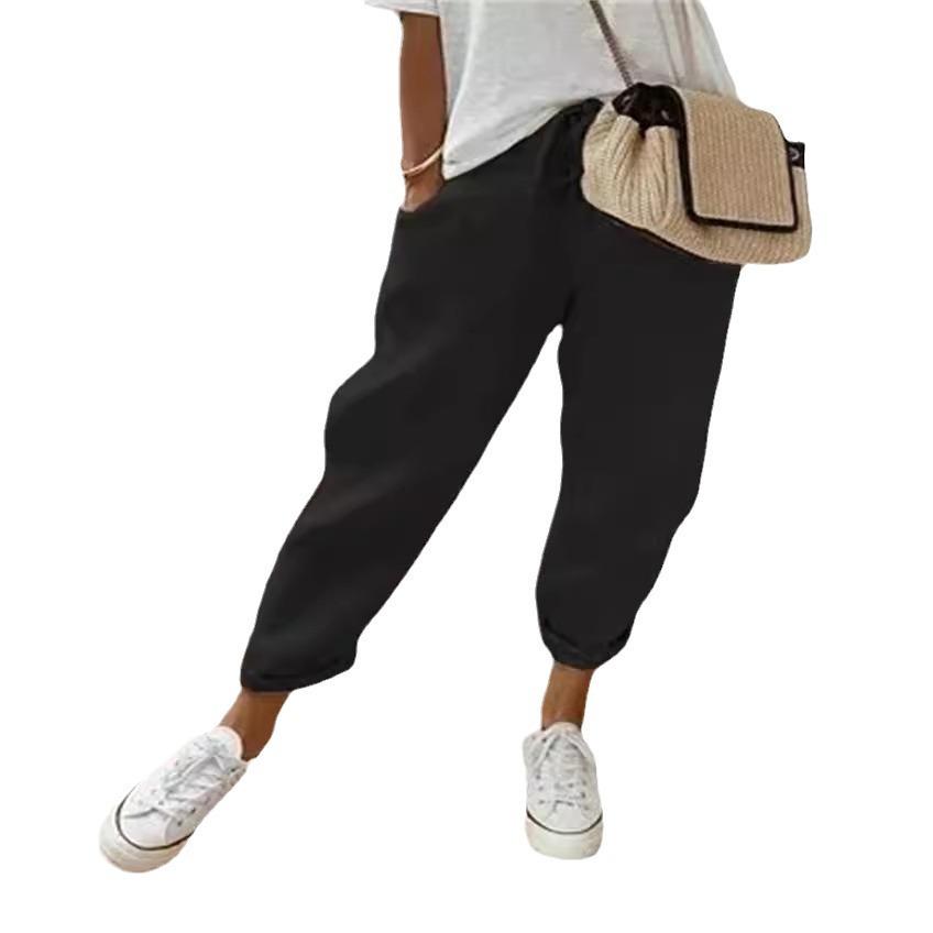 2024 Women's Cotton Linen Elastic Waist Pants - Casual Nine-Point Khaki Sky Blue