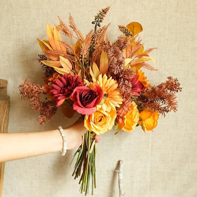 1 bunch Fake Flower INS Style Autumn Color Tabletop Decoration Artificial Flowers Wedding Party Flower Arrangement Silk Bouquet