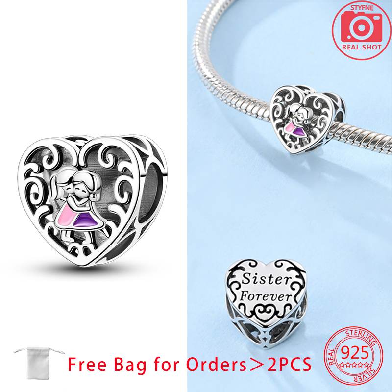 Anniversary Charms Copper Pink Sister Love Heart Beads Fit Original Bracelets Beads Charms Jewelry Making Fine Jewelry Gift
