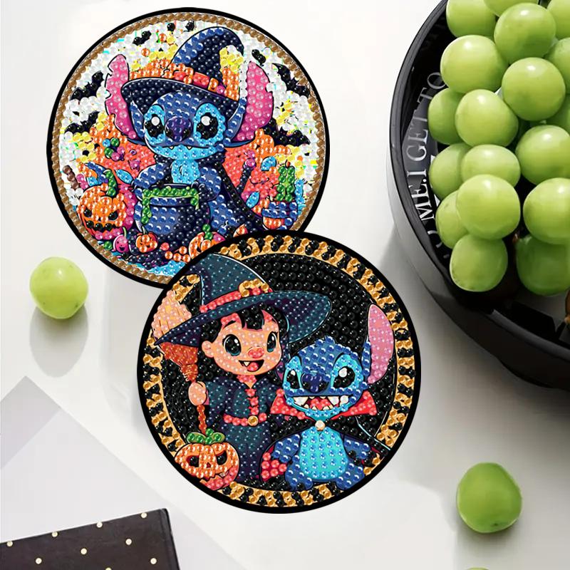 8pcs/Set DIY Lilo & Stitch Diamond Painting Coasters with Holder Anti Slip Wood Coasters Diamond Art Coasters for Adults