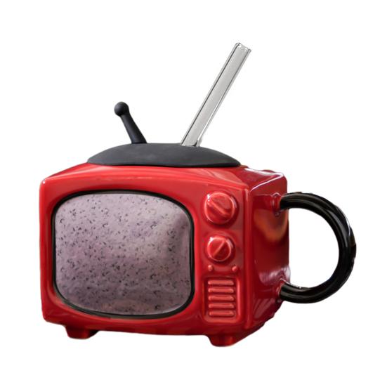 

Retro Television Ceramic Mug with Lid & Straw 450ml Creative Nostalgic Design Coffee Cup Leak-Proof & Heat Resistant Drinking Cup Novelty Gift червоний