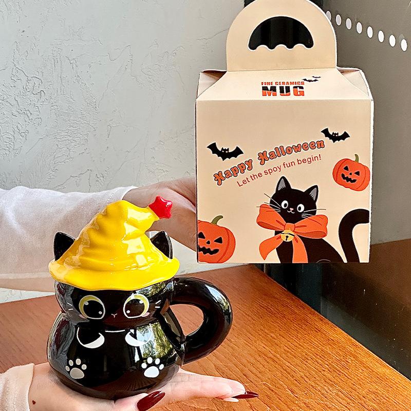 Halloween Magic Hat Cat Water Cup Ceramic Mug with Lid for Girl Girlfriend Birthday Gift Gift Box