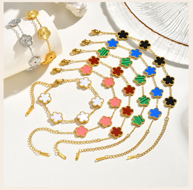 Women Flower Charms Bracelet 18K Gold Plated, Stainless Steel Lucky Flower Link Wrist Jewelry Birthday Gift