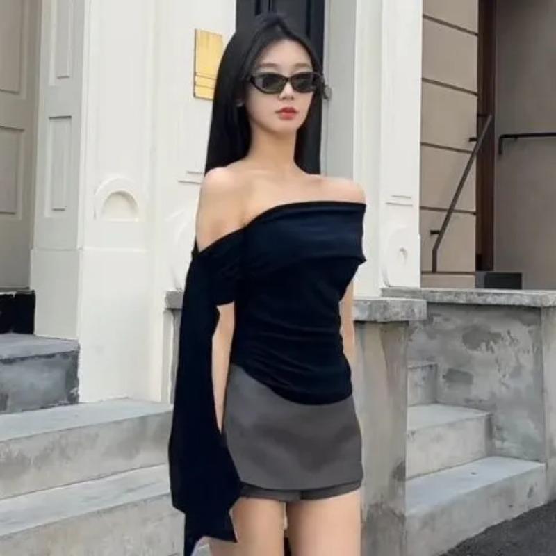 

Korean Navy Blue Fashionable One-shoulder T-shirt for Women Summer New Pure Lust Sexy Off-shoulder Slim Top S чёрный