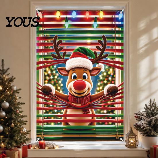 Winter Holiday Home Decor Christmas Window Cover Banner with Santa Claus and Elk Patterns, Xmas Drapes Peeking Ornament, Wall Hanging Festive Display