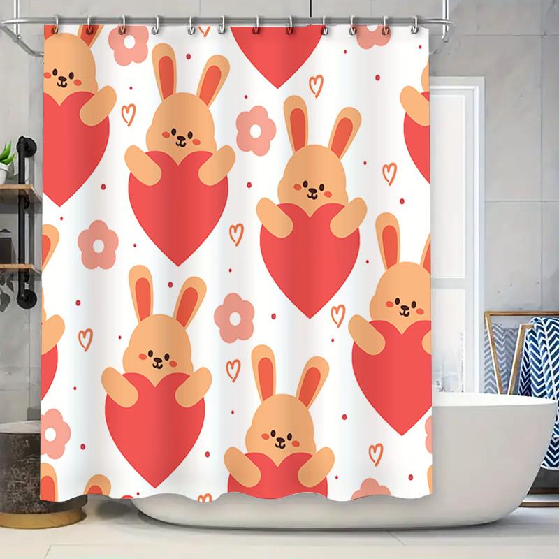 

Adorable Cartoon Bunny With Heart Pattern Shower Curtain For Bathroom Decor White Floral Red Hearts Design Diy Home Supplies Dec W60H190(CM)-1 Pcs