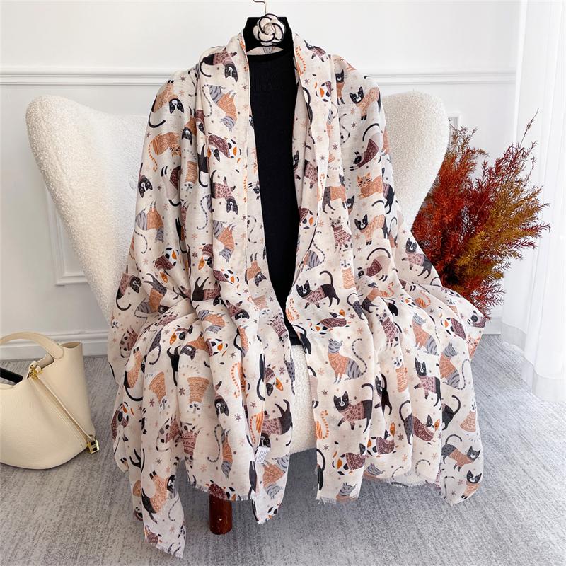 Runmei Women Cotton Linen Scarf Shawls Muslim Hijab Long Headscarf Female Scarves Head Wraps Cat Pattern Headband Scarves