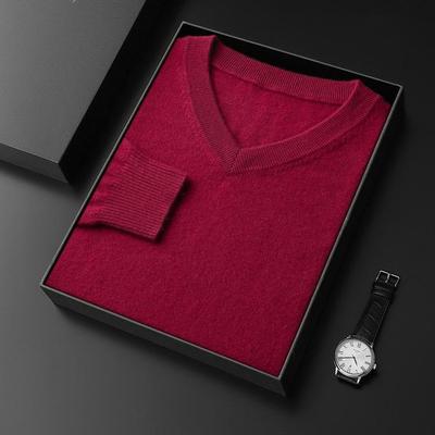 Men's V-Neck Cashmere Sweater, Plus Size, Long Sleeve, Solid Color, Wool Knit, 2023 Autumn/Winter Collection.