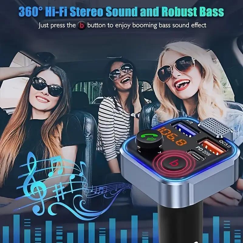 FM Transmitter Car Adapter, Wireless 5.0 Radio Car Kit, Handsfree Call, MP3 Player Receiver HiFi Bass Support U Disk
