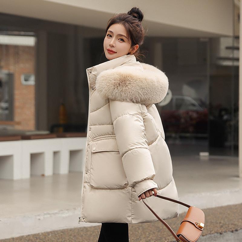 Winter Damen Mittellange Lockere Baumwollgepolsterte Jacke mit Großem Pelzkragen und Daunenjacke