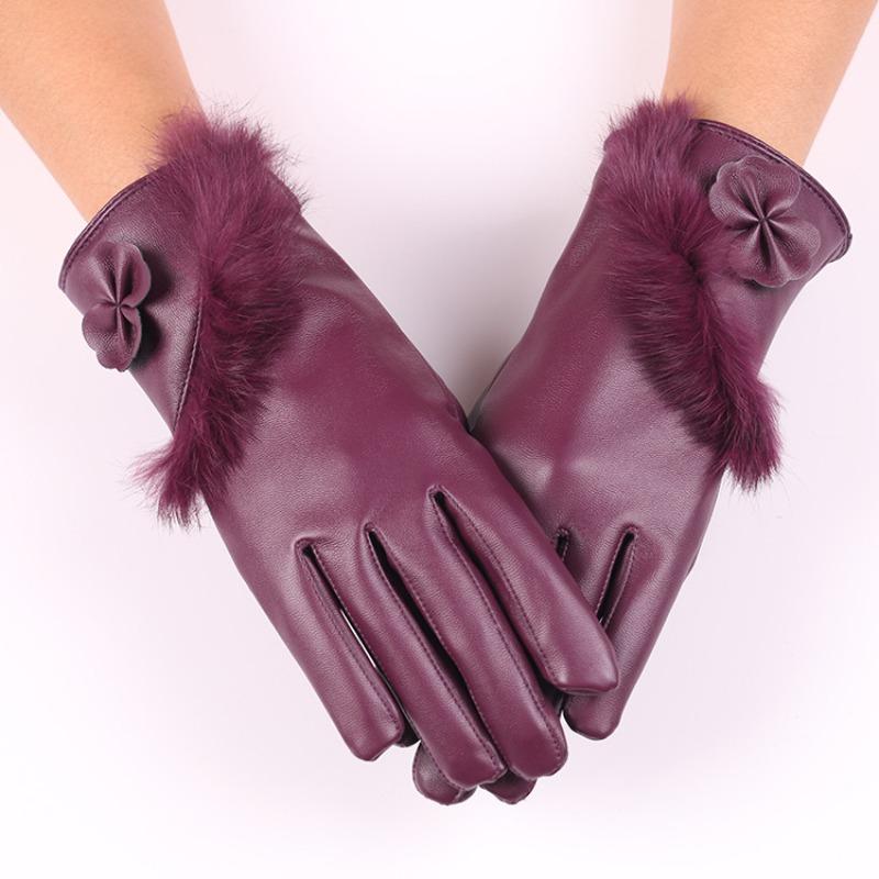 Autumn and Winter Warm Gloves Women's Bow Imitation Leather Touch Screen Gloves Fleece Cold-proof Rabbit Fur Mouth Leather Gloves