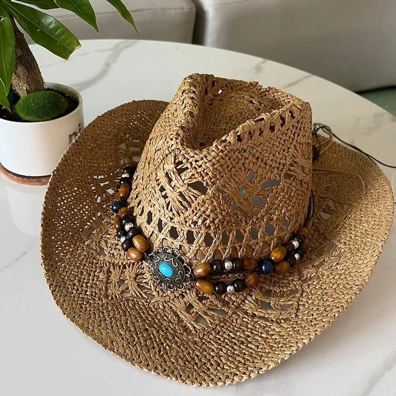 1Pc Summer Bohemian Shell Straw Hat Beach Women Men Cowboy Hats Wooden Beads Hollow Out Western Wide Brim Sun Hat Holiday Cap