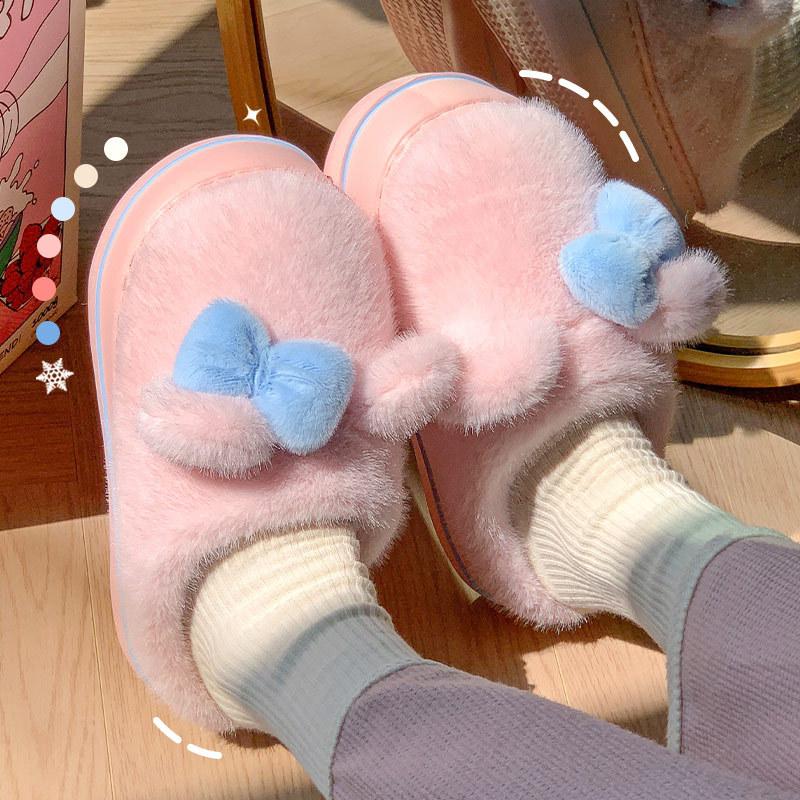 Winter new plush bow rabbit cotton shoes cotton mop outer wear home fleece thickened warm