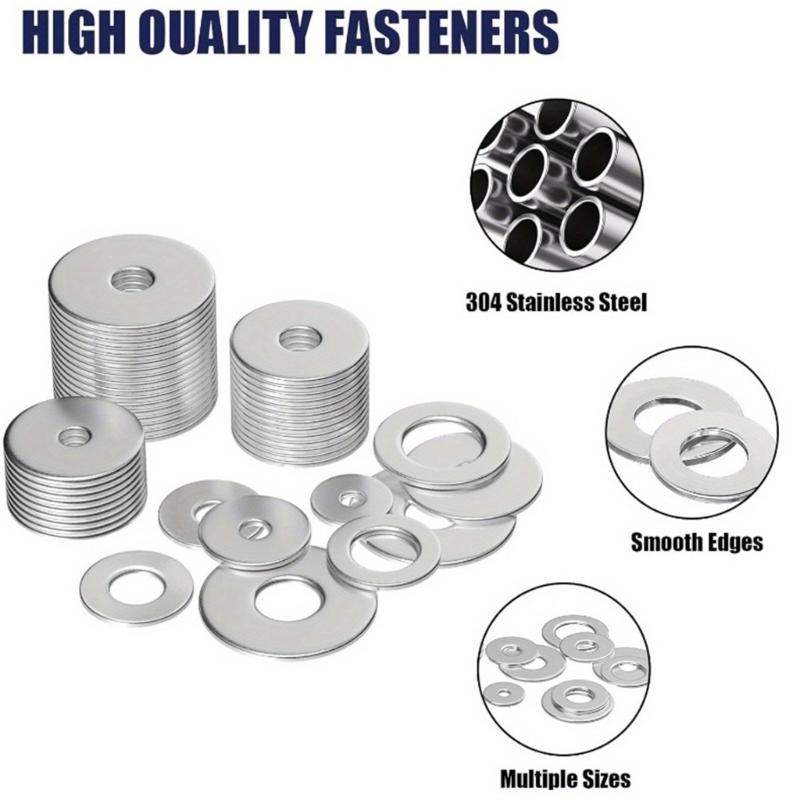 Stainless Steel Large Flat Washers, 8 Sizes Flat Washers Assortment Kit for Car Ship Assembly, Furniture