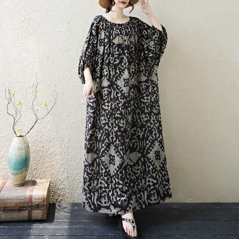 Krátký rukáv Plus size Bavlna vintage puntíkovaný květinový nový v šatech pro ženy ležérní volné maxi dlouhé letní šaty