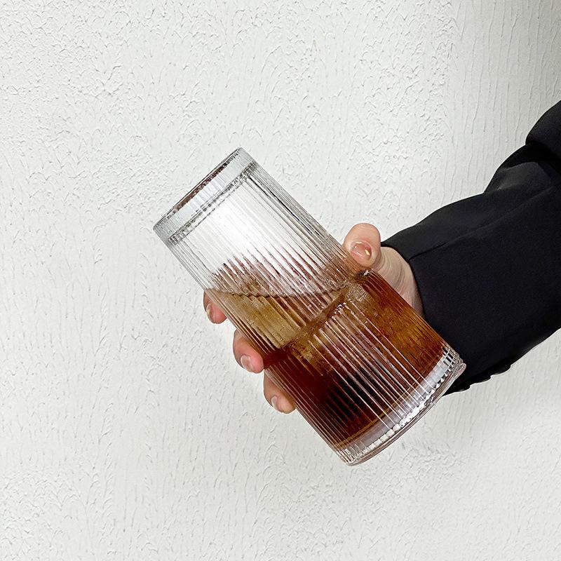Trendy Large-Capacity Glass Cup with Lid & Straw, Vertical Stripes - Perfect for Cold Drinks, Juice, Coffee, or Water