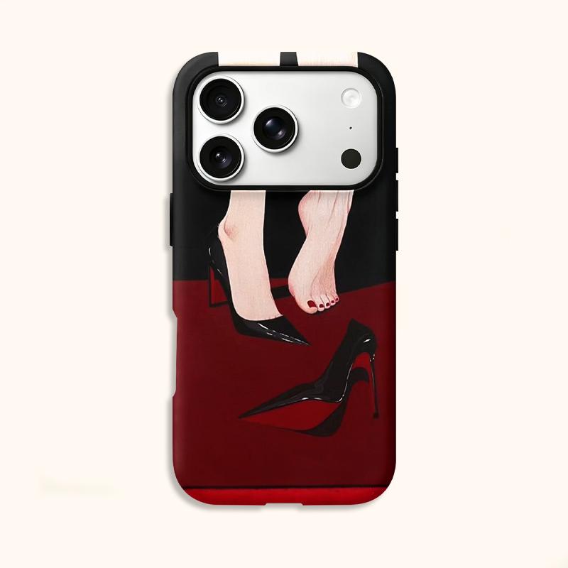 Elegant Minimal Black Red High Heels Stiletto Bare Foot Red Nail Art Film Aesthetic Protective Shockproof Bumper Case For iPhone 14 15 16 Pro Max Plus