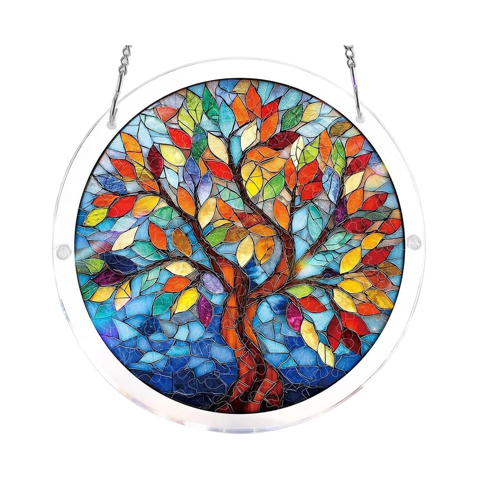 

Round Stained Glass Window Hanging Panel 15cm Diameter Tree Design Decorative Suncatcher with Metal Chain for Indoor Window Decoration One Size