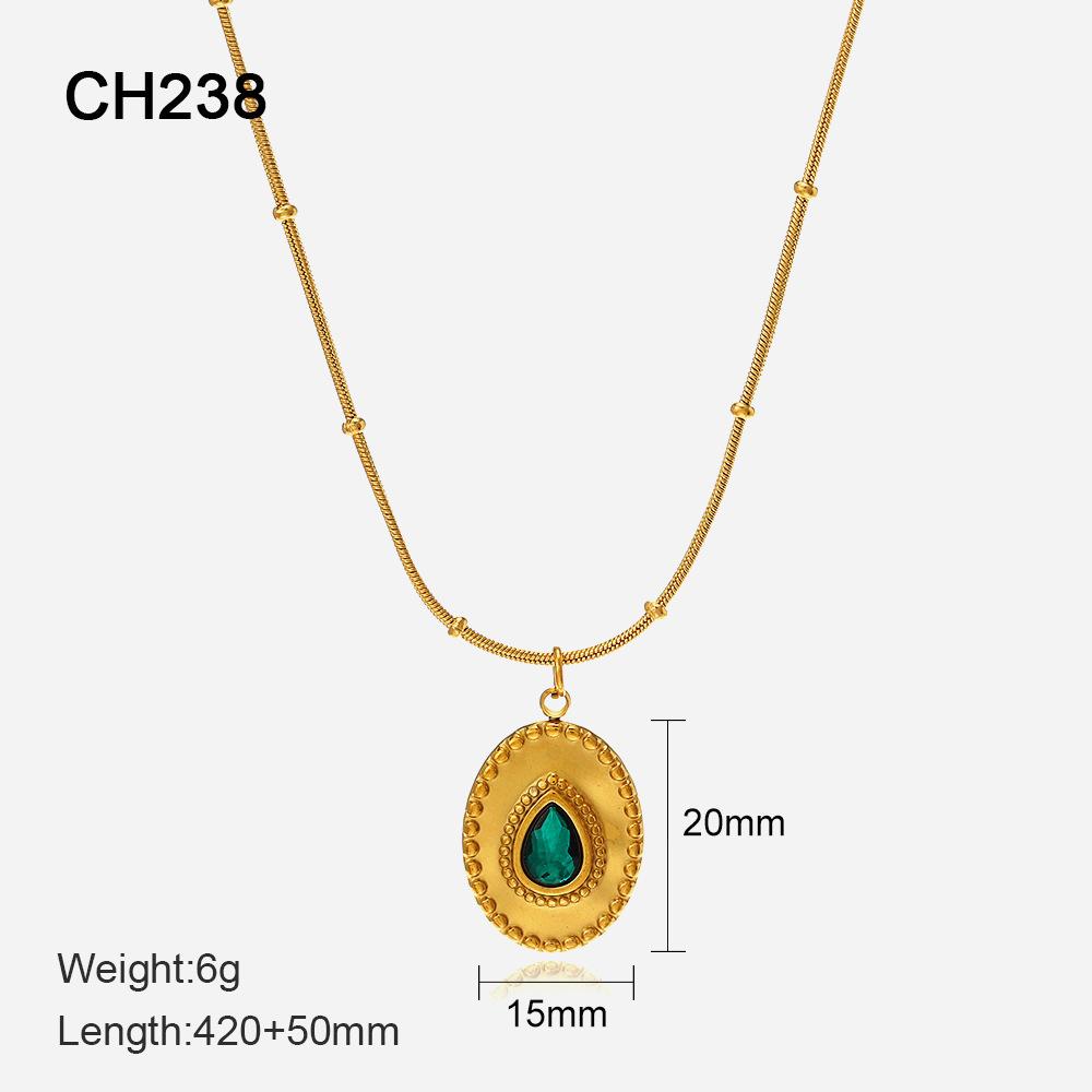 French Vintage Emerald Necklace Geometric Mother Of Pearl Inlay Titanium Steel Pendant Women Jewelry Gift