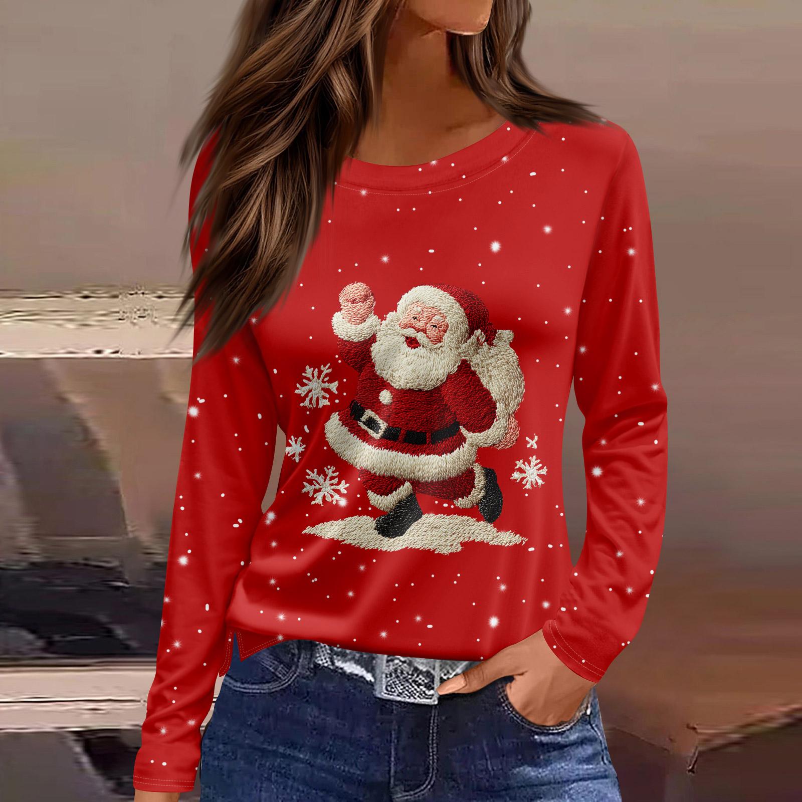 

Women s Fashion Casual Slit Hem Round Neck Long Sleeve Loose Printed T-Shirt Ladies Top M красный