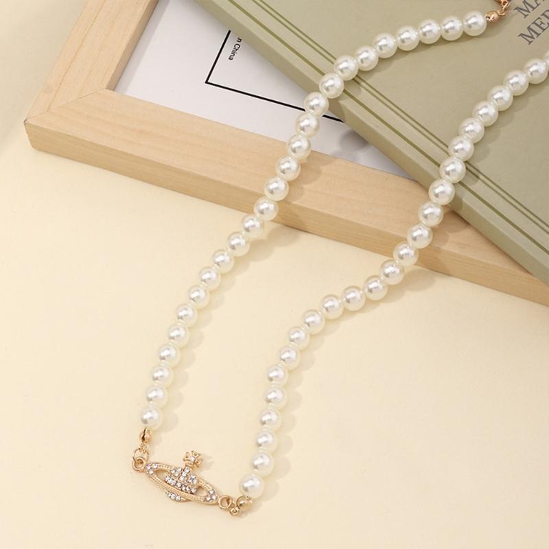 Planet Pearl Choker Necklaces for Women Crystal Rhinestones Pearl Bead Necklaces Ladies Wedding Pearl Bead Chain Neck