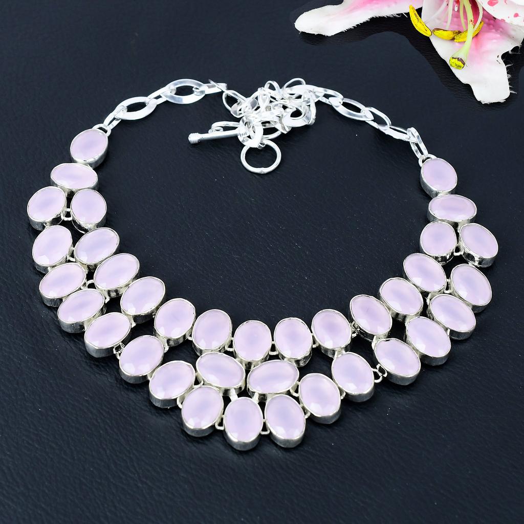 Pink Chalcedony Gemstone Handmade 925 Sterling Silver Jewelry Necklace 18" KG-401