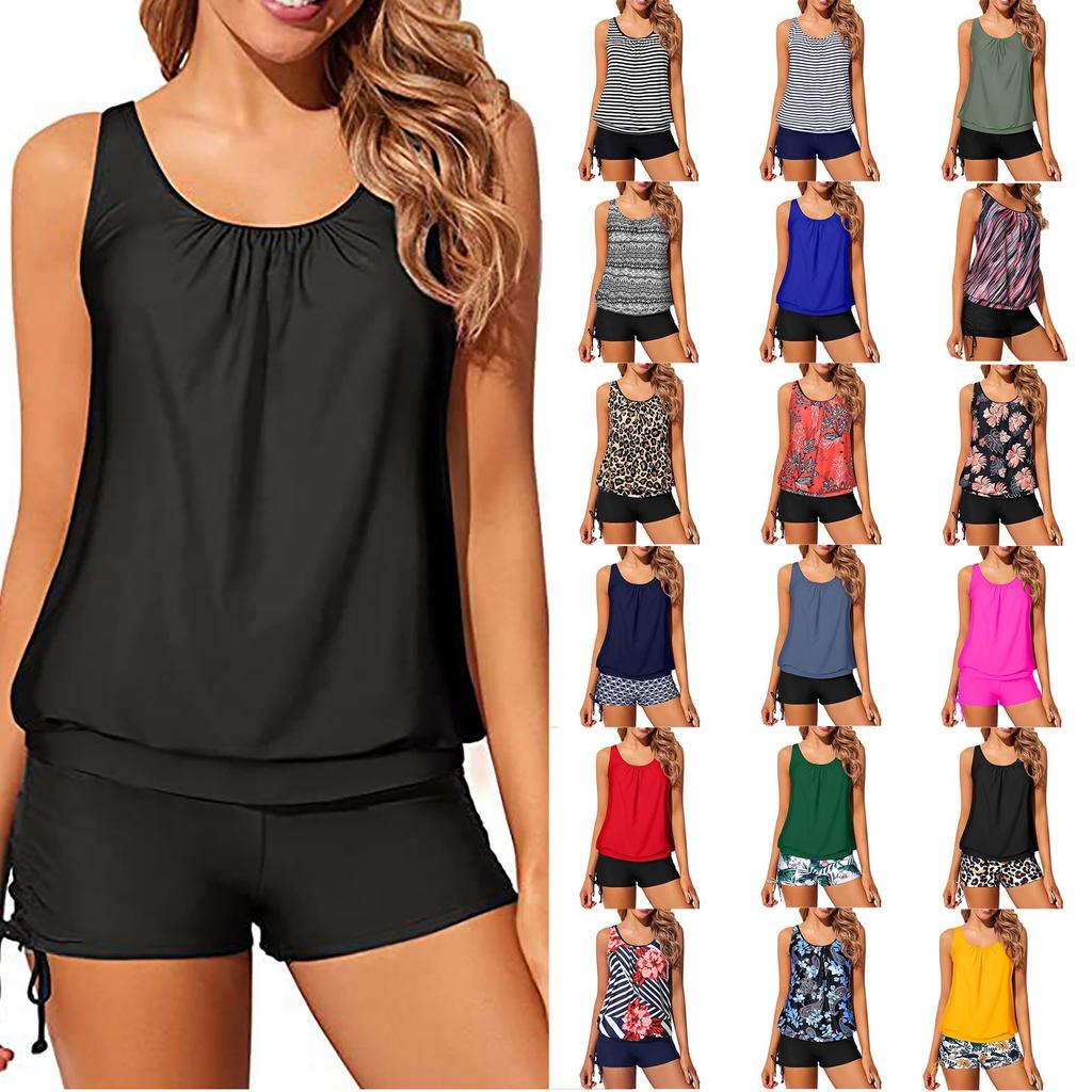 Women's Two Piece Tankini Swimsuit Set Adjustable Side Tie Swim Shorts with Loose Fit Tank Top for Beach Pool Swimwear