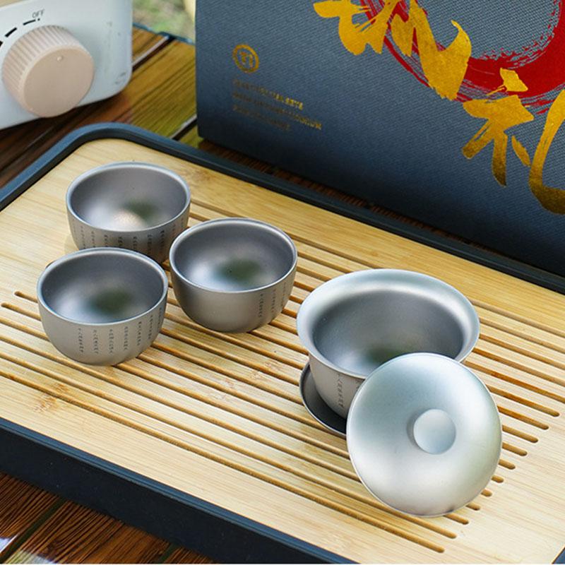 120ml Pure Titanium Sancai Gaiwan Set With 3 Tea Cups,Double-layer,Heat Insulation,Anti-scalding,Premium Gift,Outdoor Tea Set