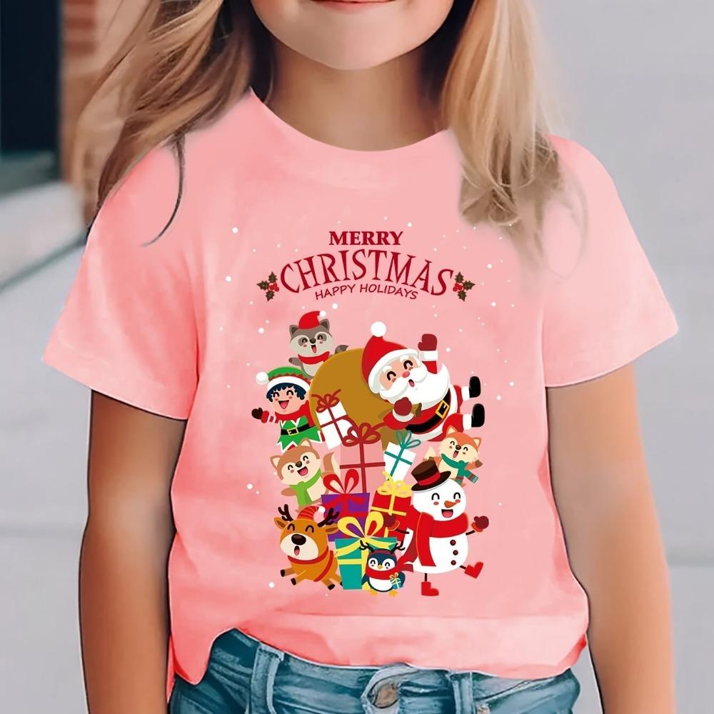 Christmas Summer Fashion Girls' Short Sleeved T-shirt with Santa Claus, Snowman, Cartoon Pattern Print