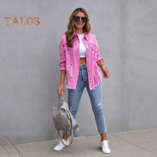 Women Denim Jacket Retro Single-breasted Ripped Hole Turn-down Collar Long Sleeves Solid Color Flap Pockets Lady Coat Commuting Shopping Coat