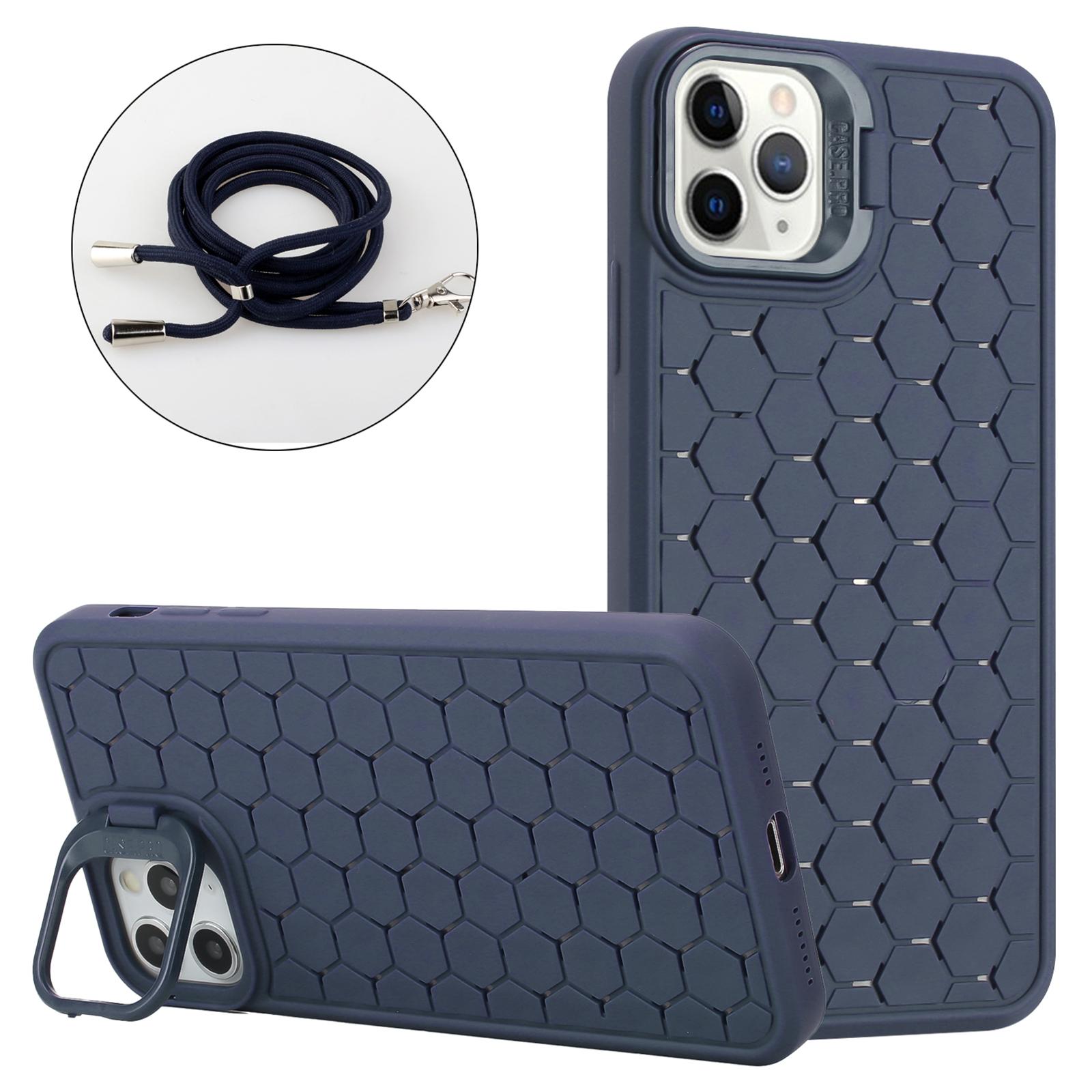 

For iPhone 16 Pro TPU Case Kickstand Heat Dissipation Phone Cover with Lanyard Dark Blue