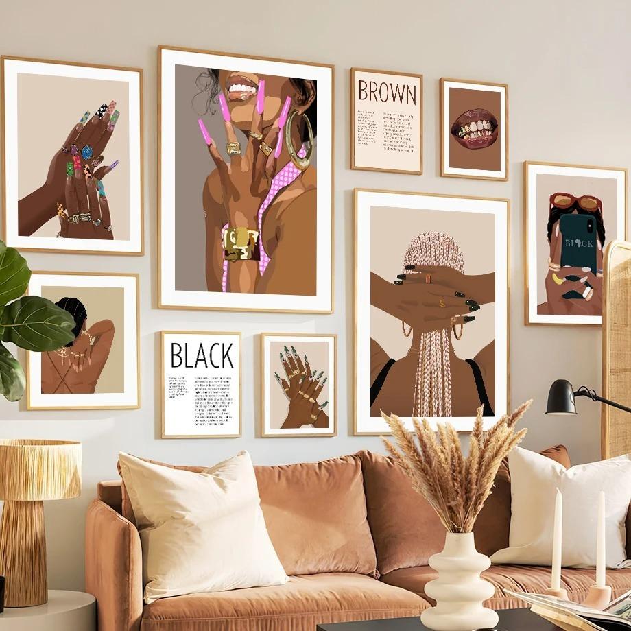 Black Art Fashion Hip Hop Girl Manicure Jewelry Lips Poster African Black Woman Beautiful Nails Painting Pictures Living Room Beauty Salon Decor