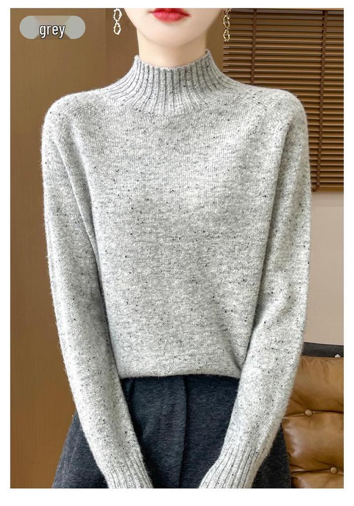 Women's Polka Dot Wool Sweater - Thick, Loose-Fit, Half-High Collar for Autumn and Winter Elegance