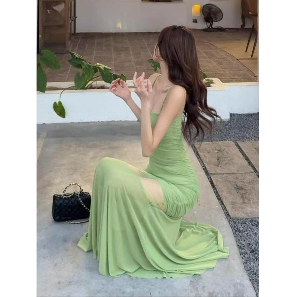 Sexy Pure Desire Mesh Patchwork Spaghetti Strap Dress for Women, 2026 Summer New Waist-cinching Slimming Elegant Mermaid Long Dress